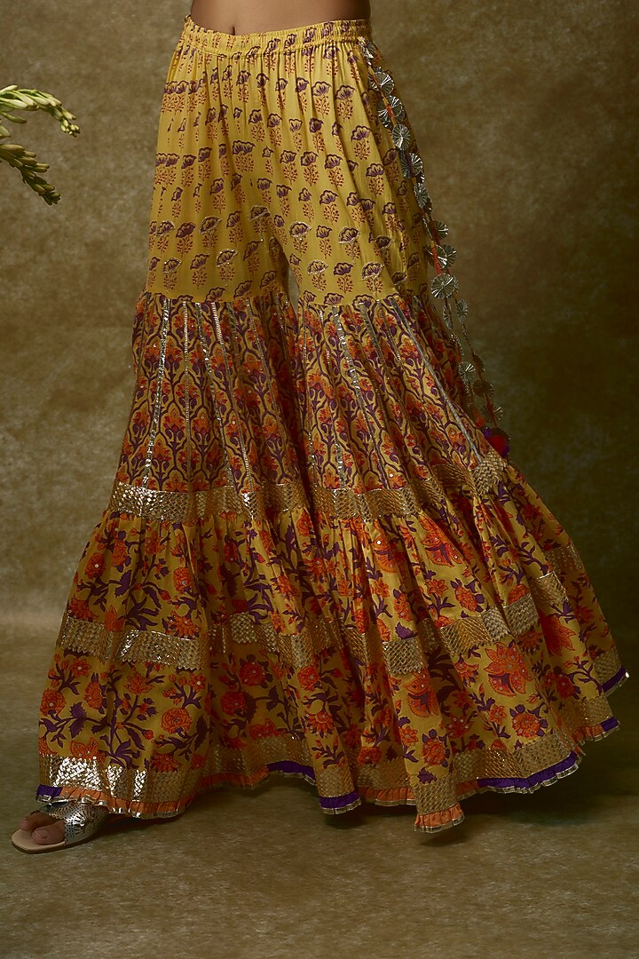 Yellow Silk Satin & Swiss Cotton Gharara Set by Maayera Jaipur at Pernia's Pop Up Shop