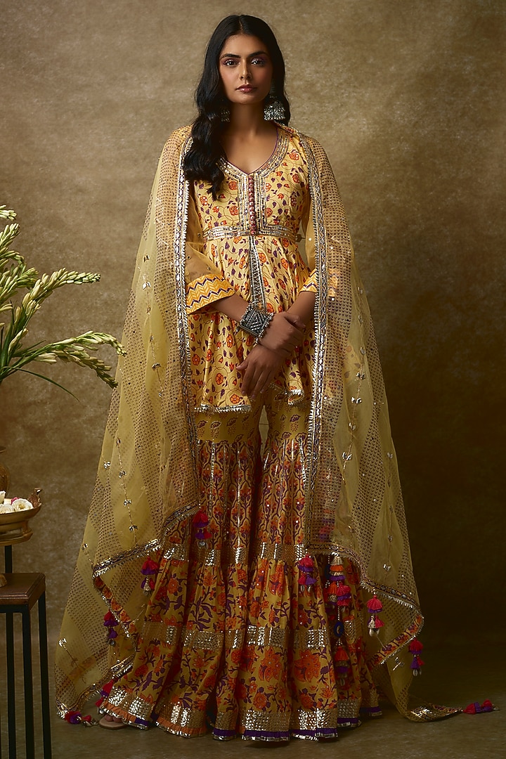 Yellow Silk Satin & Swiss Cotton Gharara Set by Maayera Jaipur at Pernia's Pop Up Shop