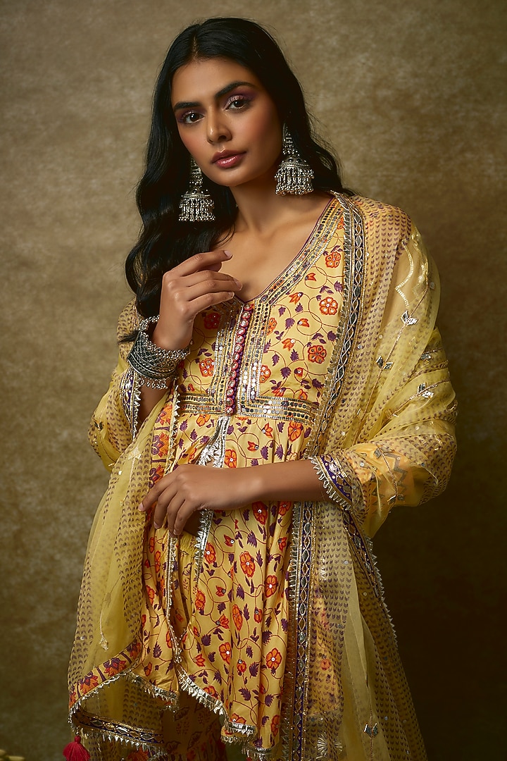 Yellow Silk Satin & Swiss Cotton Gharara Set by Maayera Jaipur at Pernia's Pop Up Shop