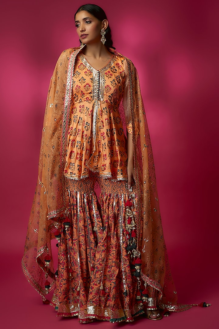 Orange Silk Satin & Swiss Cotton Gharara Set by Maayera Jaipur