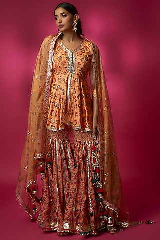 Orange Silk Satin & Swiss Cotton Gharara Set by Maayera Jaipur