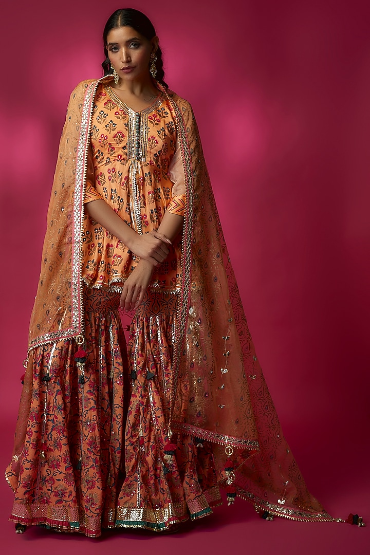 Orange Silk Satin & Swiss Cotton Gharara Set by Maayera Jaipur at Pernia's Pop Up Shop