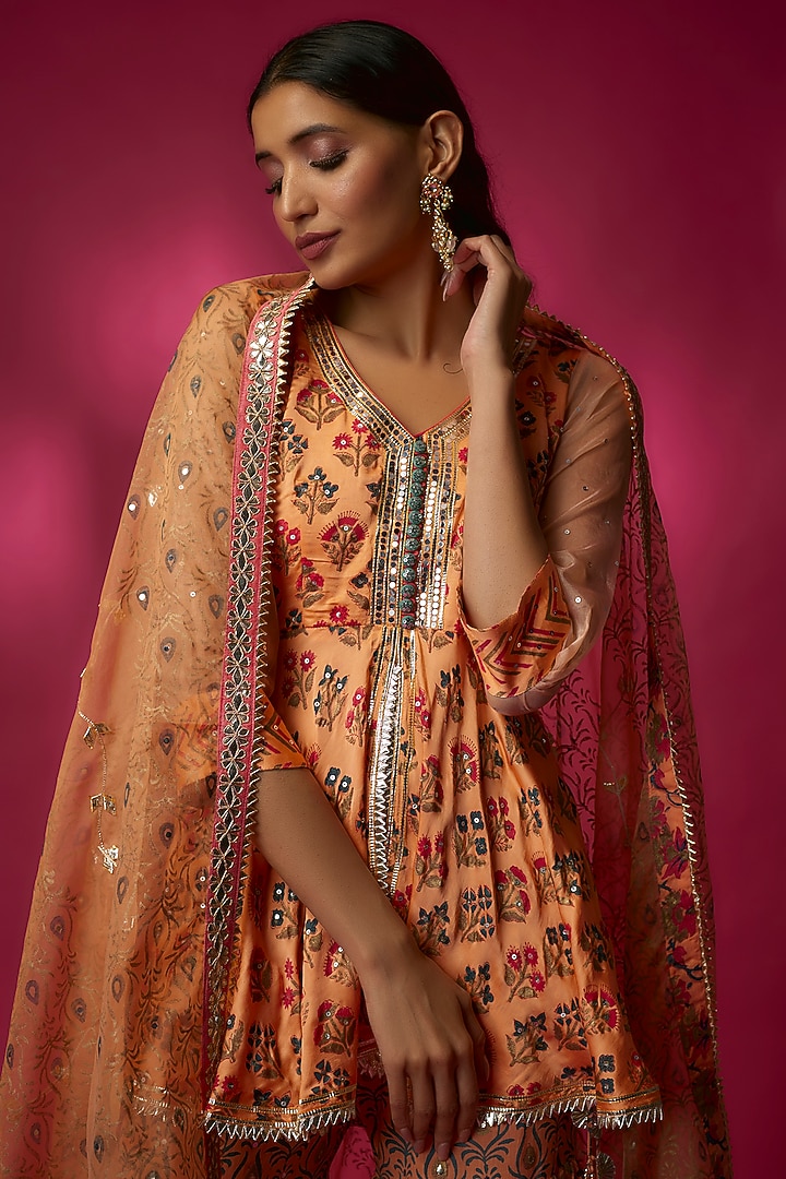 Orange Silk Satin & Swiss Cotton Gharara Set by Maayera Jaipur at Pernia's Pop Up Shop