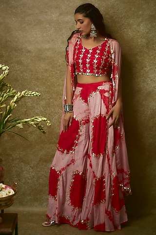 Pink & Red Spun Silk Co-Ord Set by Maayera Jaipur