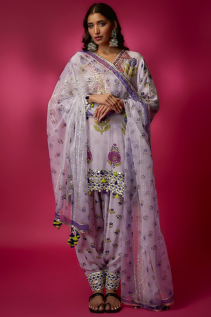 Lilac Crepe Silk Kurta Set by Maayera Jaipur