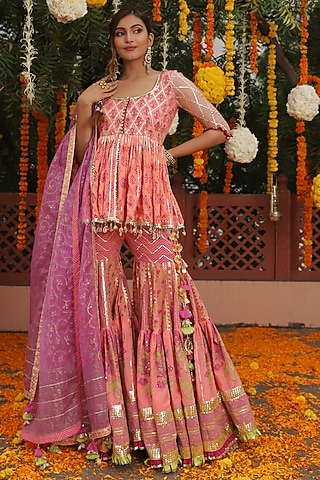 Peach Organza Sharara Set by Maayera Jaipur