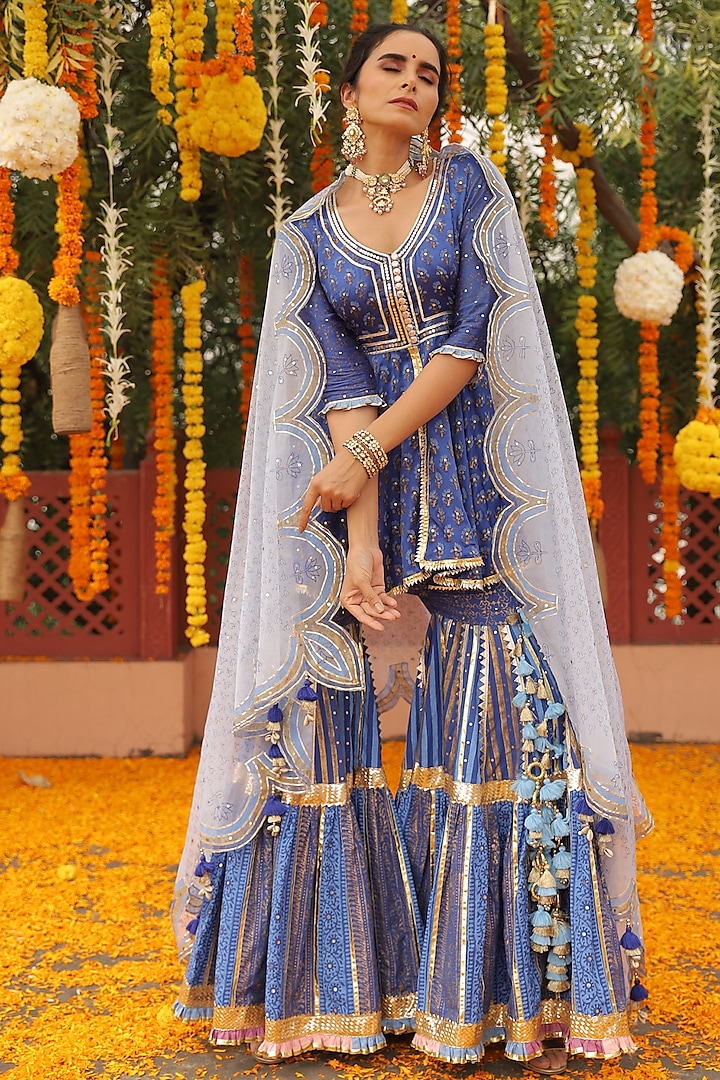 Blue Satin Sharara Set by Maayera Jaipur