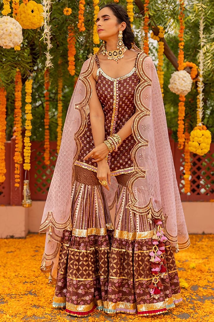 Brown Silk Sharara Set by Maayera Jaipur