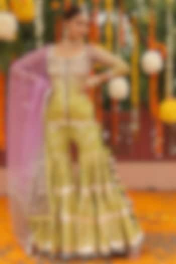 Lime Green Satin Party Wear Sharara Set by Maayera Jaipur at Pernia's Pop Up Shop