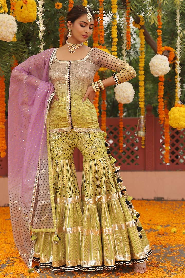 Lime Green Satin Party Wear Sharara Set by Maayera Jaipur at Pernia's Pop Up Shop