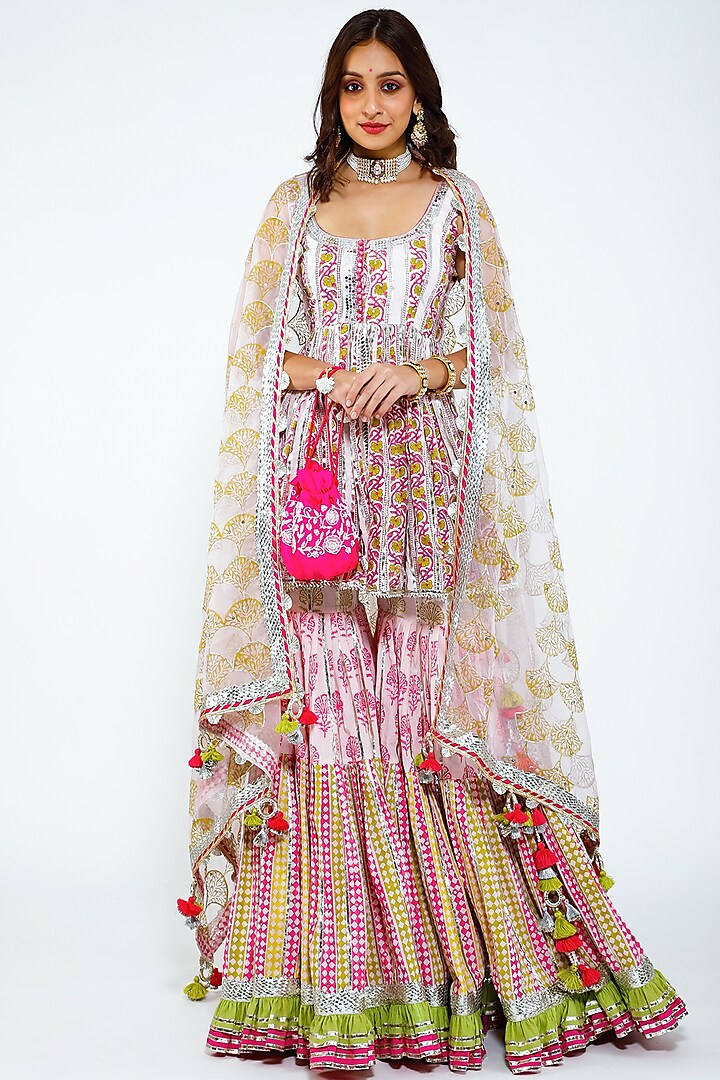 Blush Pink Silk Organza Sharara Set by Maayera Jaipur