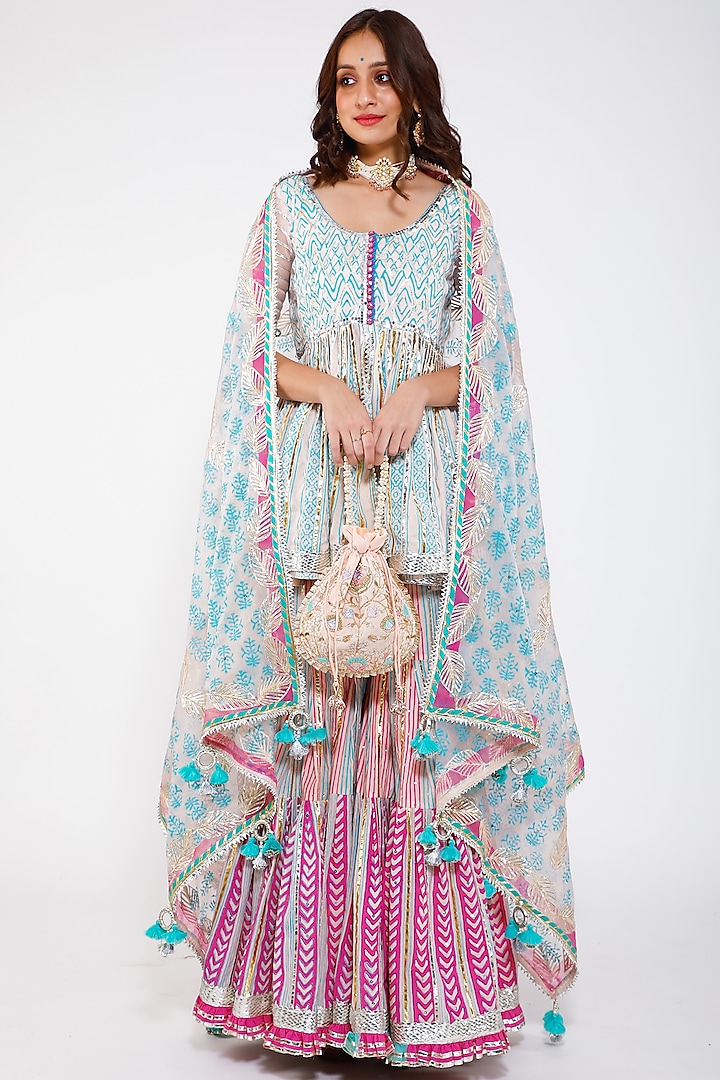 Pink & Powder Blue Silk Organza Sharara Set by Maayera Jaipur