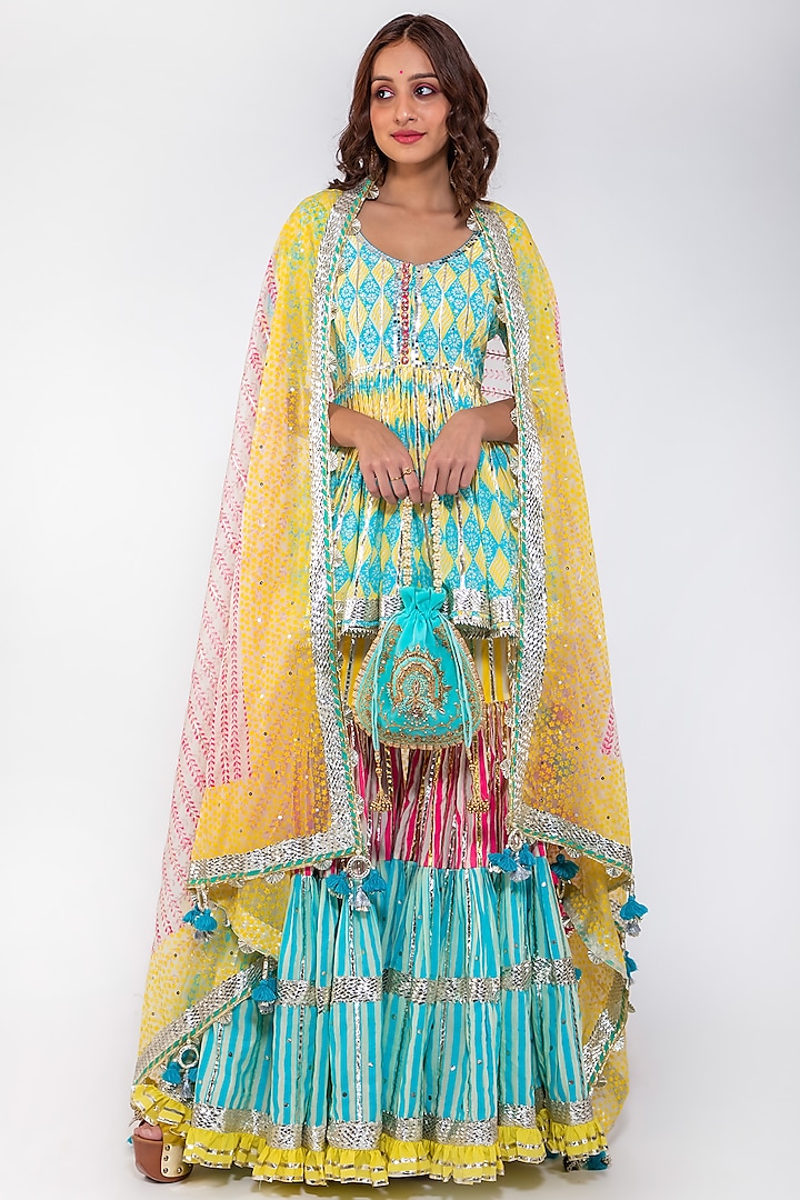 Blue & Yellow Silk Organza Sharara Set by Maayera Jaipur
