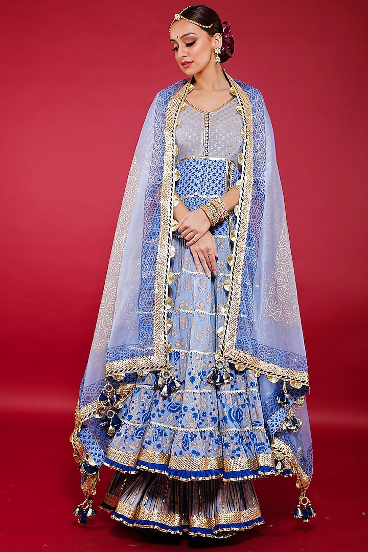 Powder Blue Swiss Cotton Anarkali Set by Maayera Jaipur