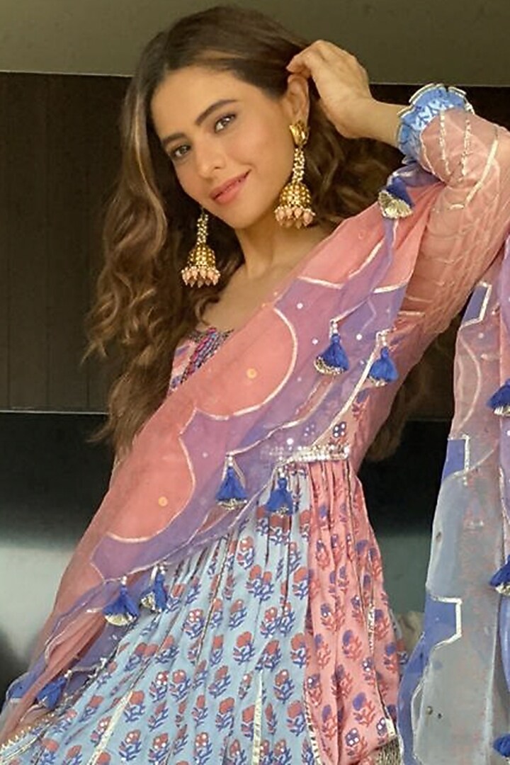 Blush Pink & Powder Blue Mul Satin Party Wear Sharara Set by Maayera Jaipur at Pernia's Pop Up Shop