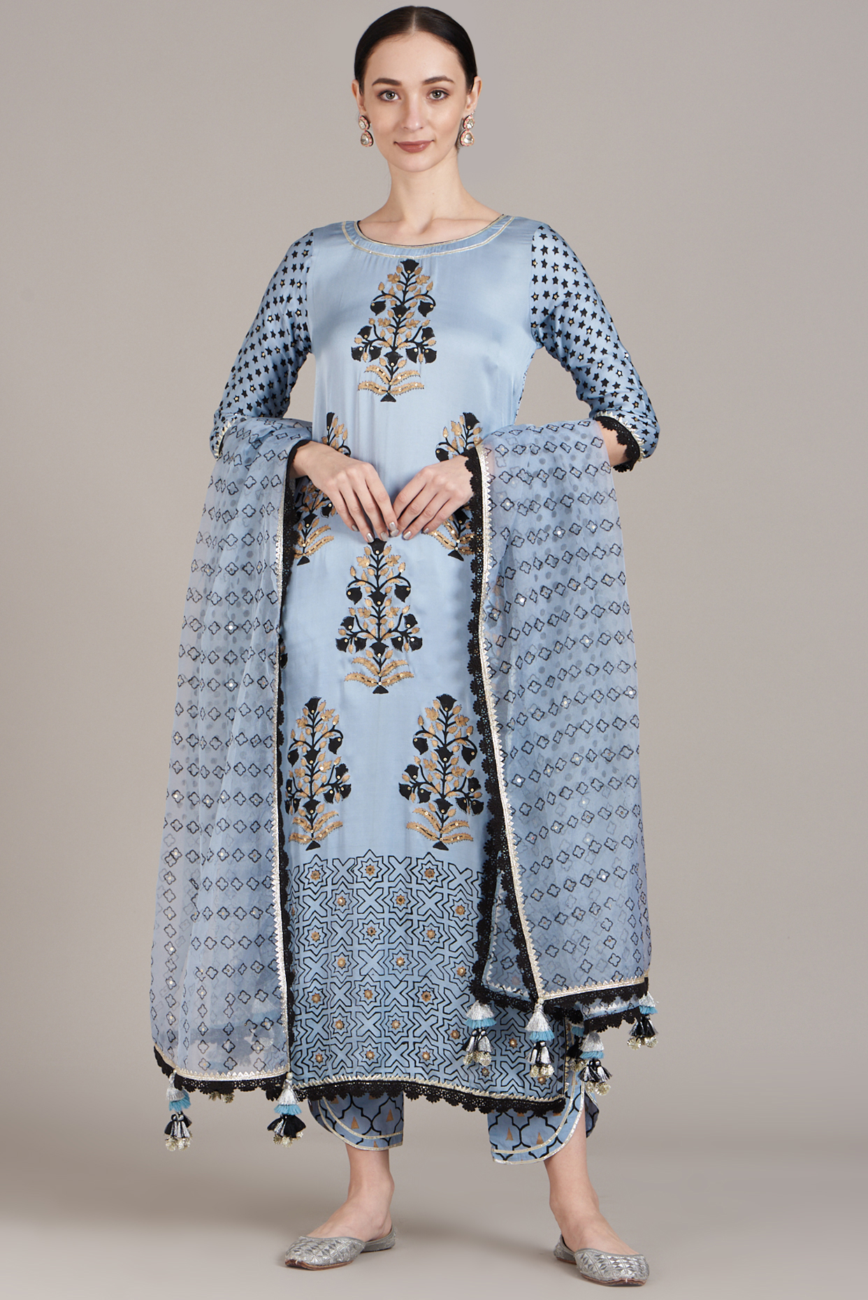Sky Blue Block Printed Kurta Set by Maayera Jaipur at Pernia's Pop Up Shop