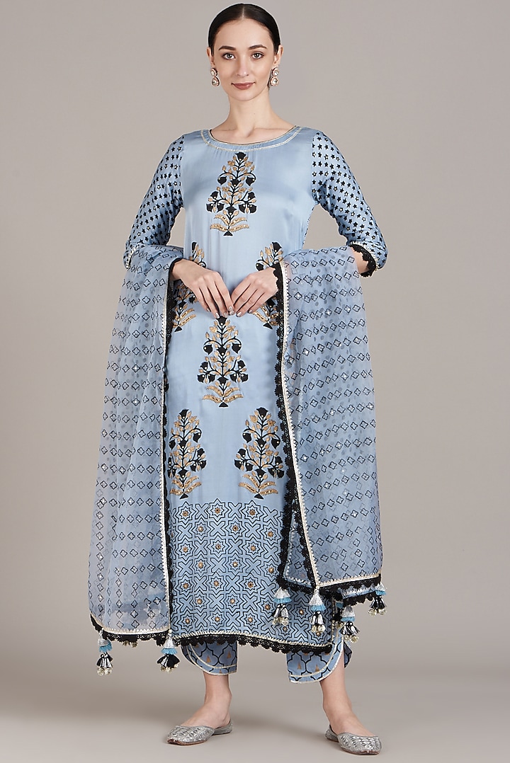 Sky Blue Block Printed Kurta Set by Maayera Jaipur at Pernia's Pop Up Shop