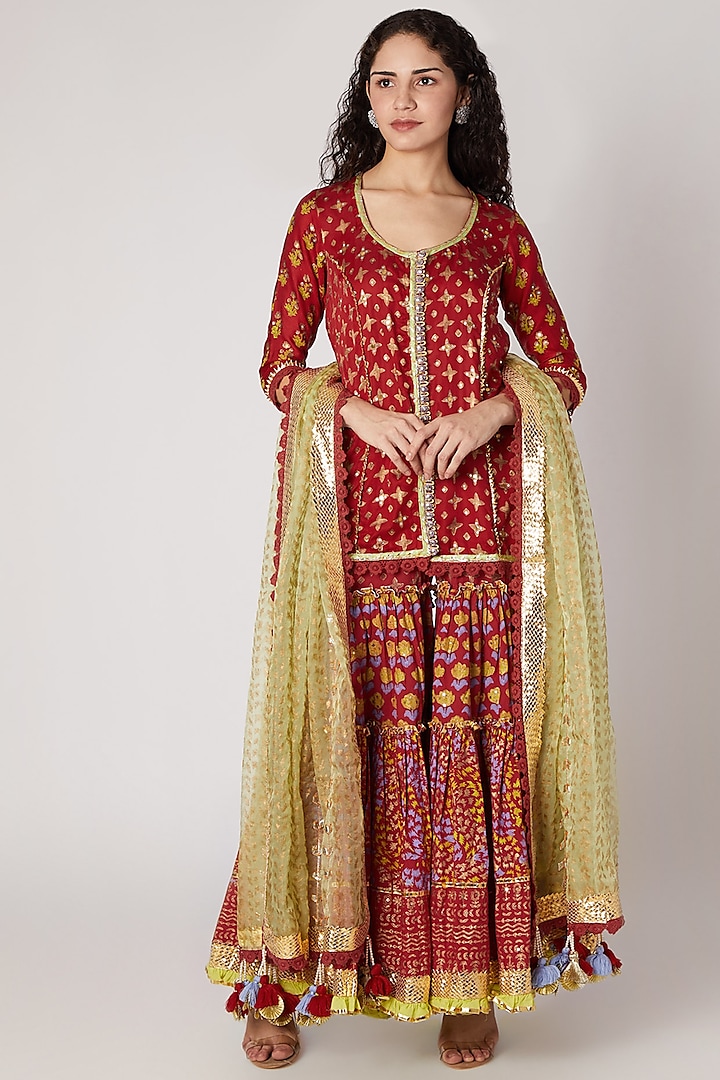 Red Printed Sharara Set by Maayera Jaipur