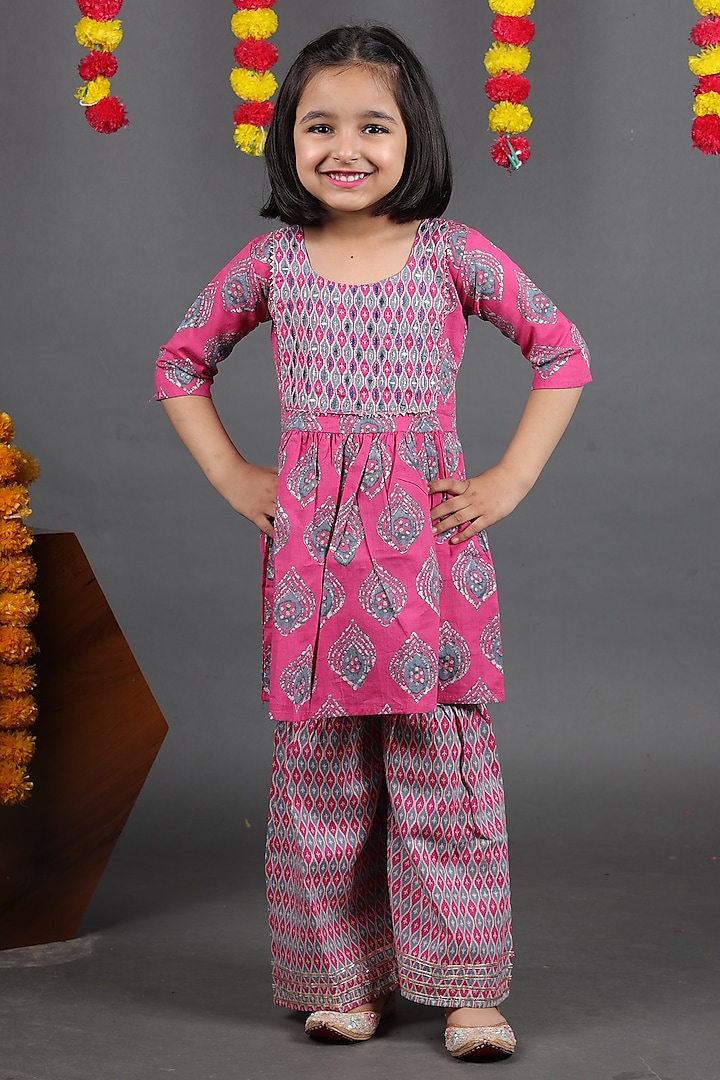 Pink Pure Cotton Printed Sharara Set For Girls by Maaikid