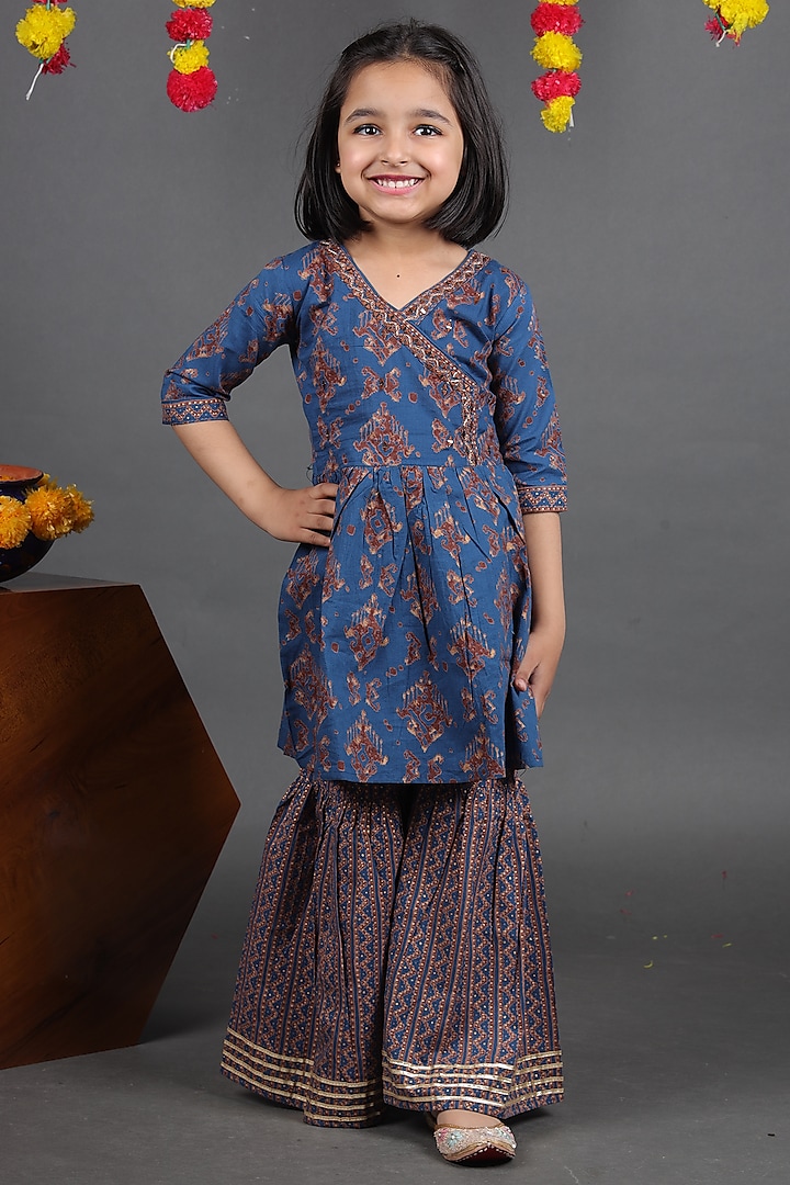Blue Pure Cotton Printed Sharara Set For Girls by Maaikid