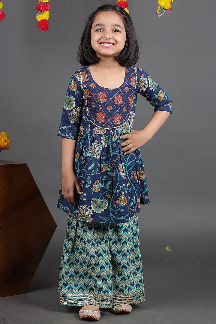 Blue Pure Cotton Printed Sharara Set For Girls by Maaikid