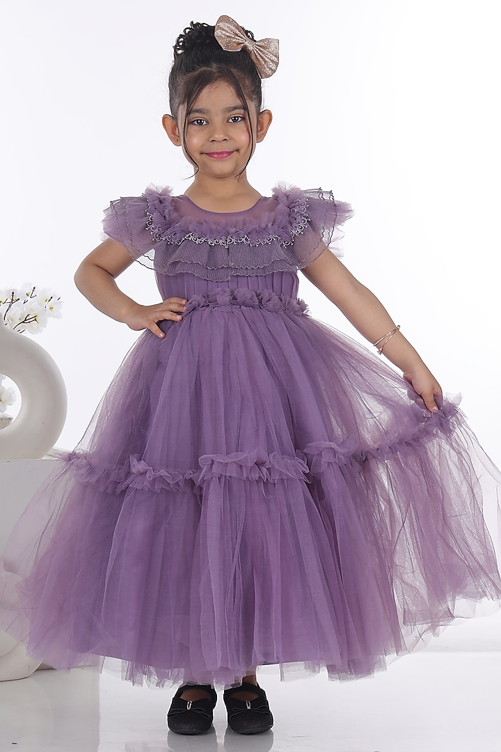 Mauve Net Frilled Gown For Girls by Maaikid