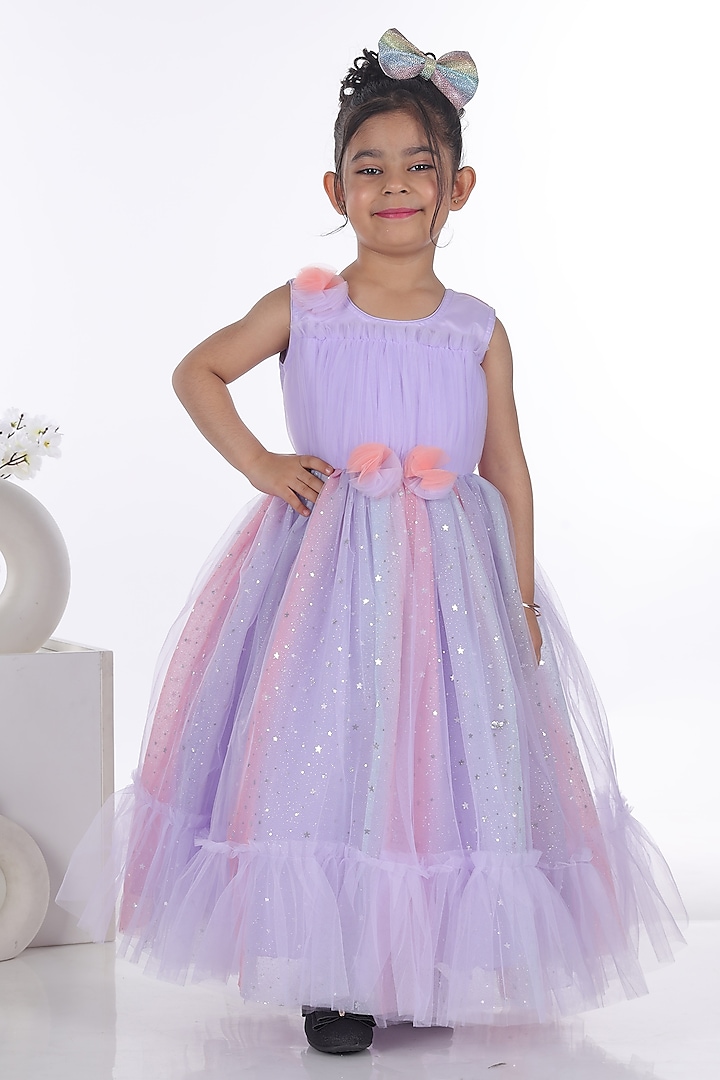 Lilac Net Floral Gown For Girls by Maaikid