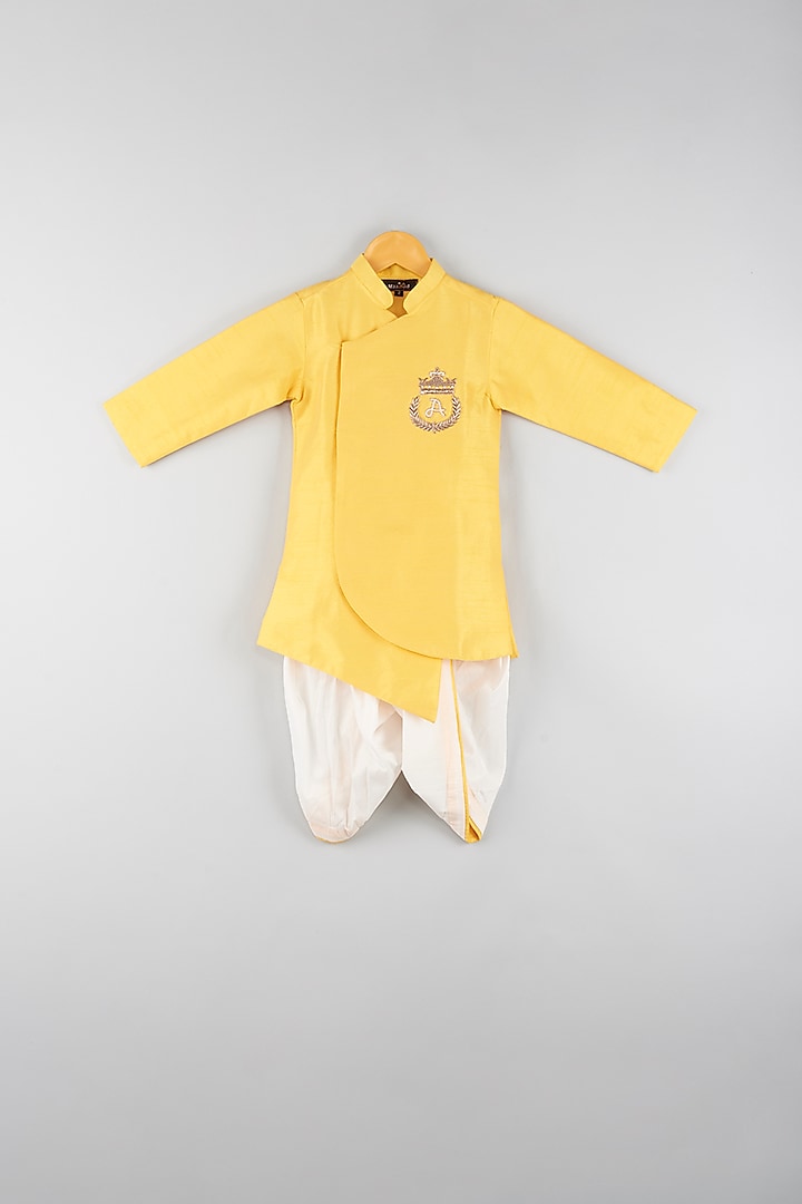 Mustard Yellow Embroidered Sherwani Set For Boys by Maaikid