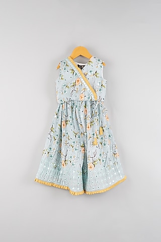 Powder Blue Floral Printed Pant Set For Girls by Maaikid