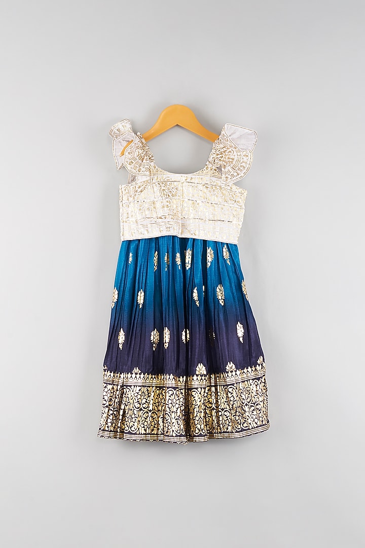 Teal Blue Foil Printed Lehenga Set For Girls by Maaikid