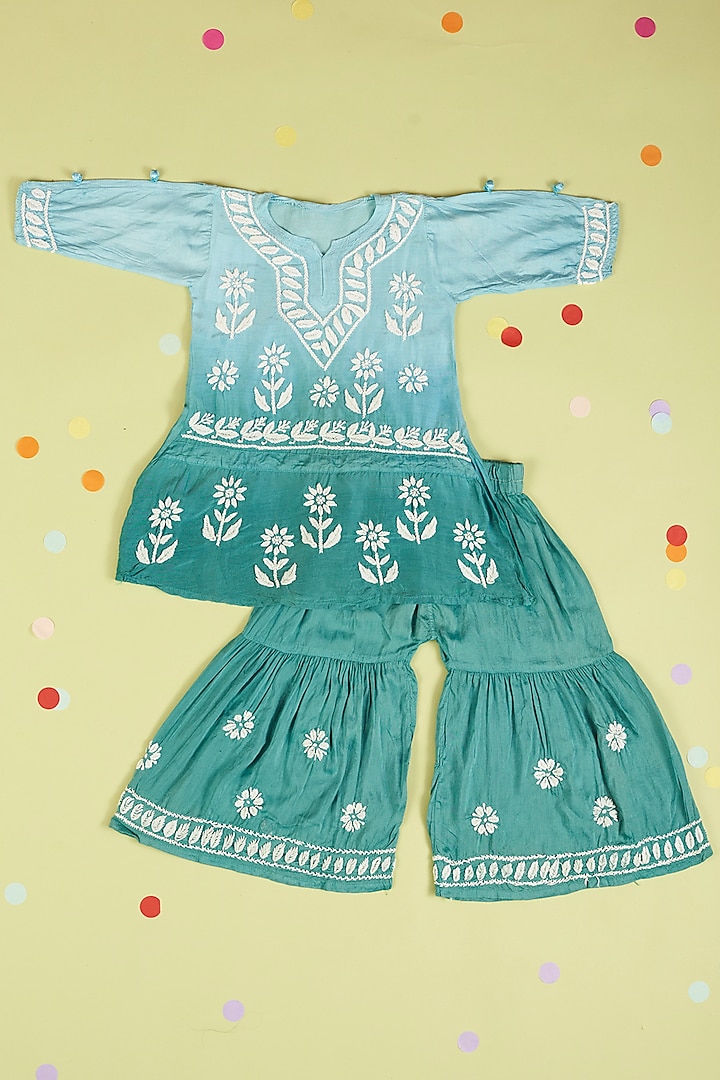 Teal & Blue Ombre Embroidered Sharara Set For Girls by Maaikid