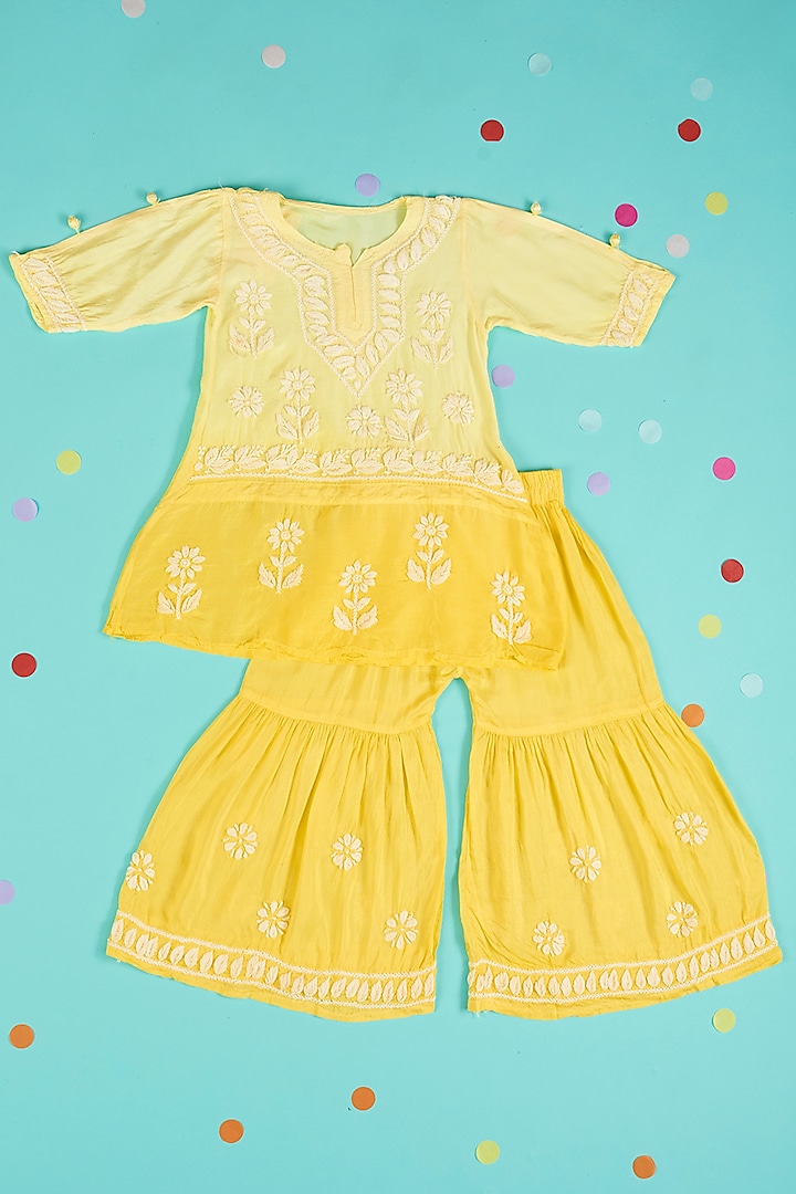 Yellow Ombre Embroidered Sharara Set For Girls by Maaikid