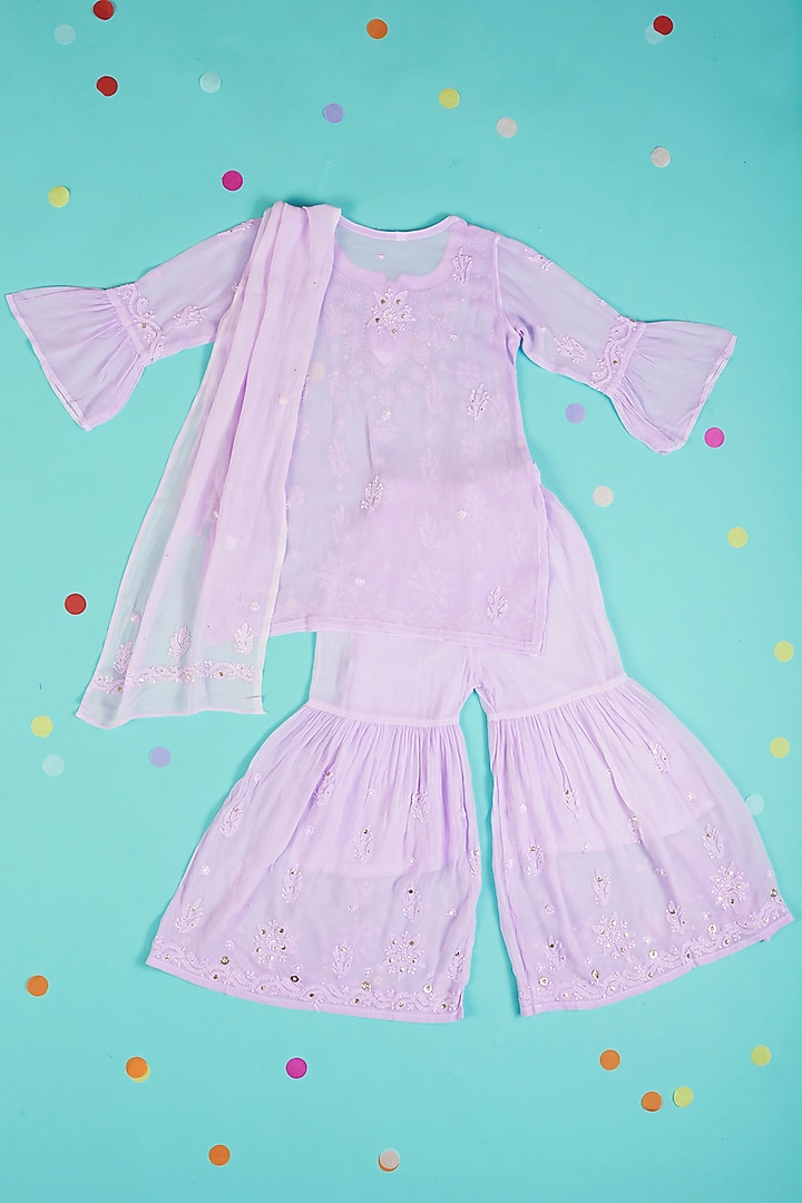 Lilac Embroidered Sharara Set For Girls by Maaikid at Pernia's Pop Up Shop