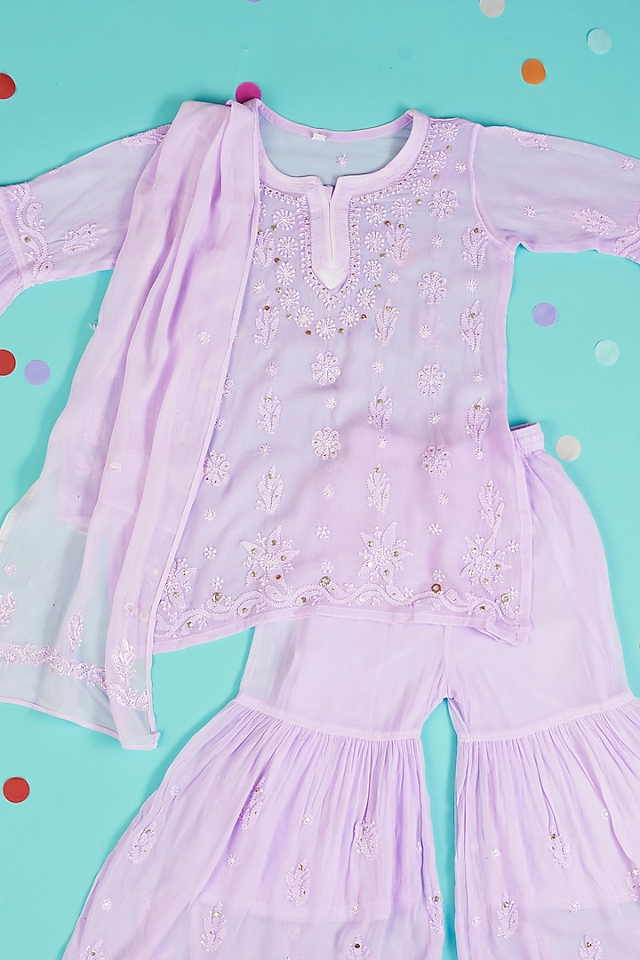 Lilac Embroidered Sharara Set For Girls by Maaikid at Pernia's Pop Up Shop