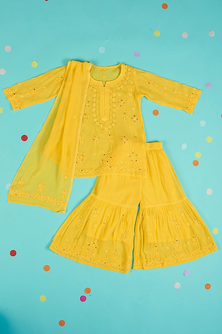 Yellow Embroidered Sharara Set For Girls by Maaikid