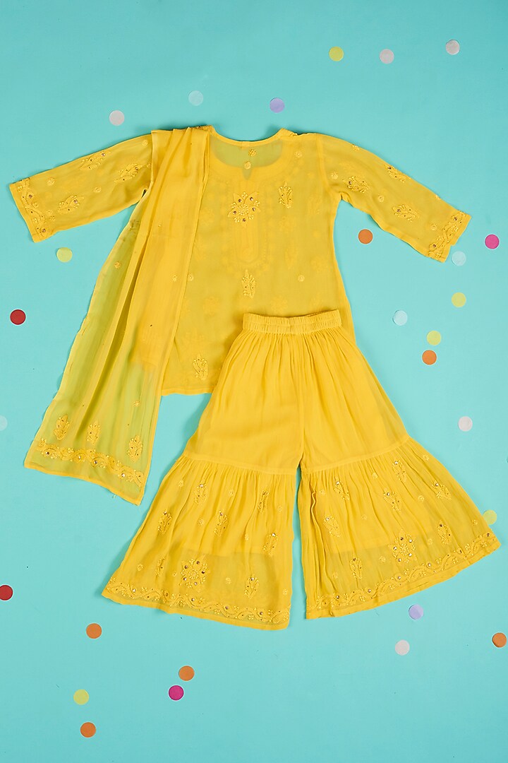 Yellow Embroidered Sharara Set For Girls by Maaikid at Pernia's Pop Up Shop