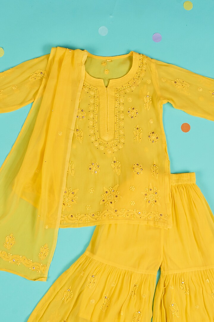 Yellow Embroidered Sharara Set For Girls by Maaikid at Pernia's Pop Up Shop