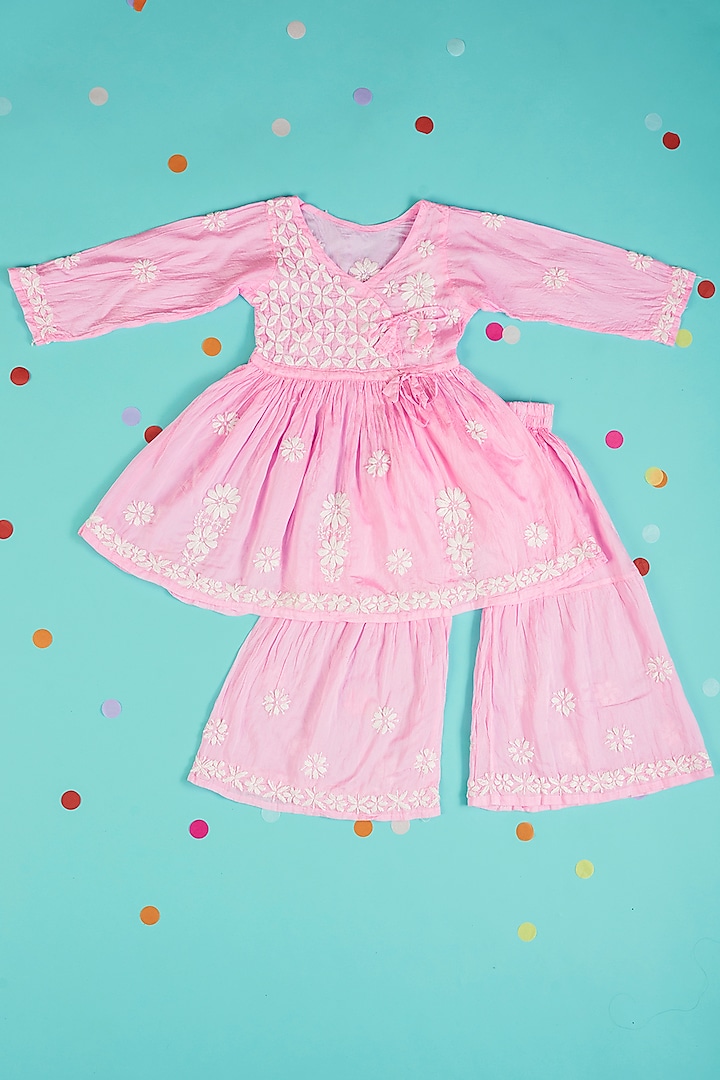Pink Embroidered Sharara Set For Girls by Maaikid