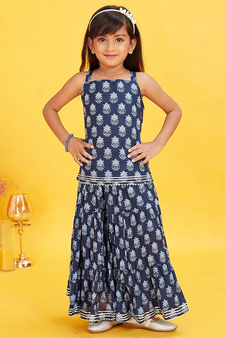 Dark Blue Cotton Floral Printed Skirt Set For Girls by Maaikid