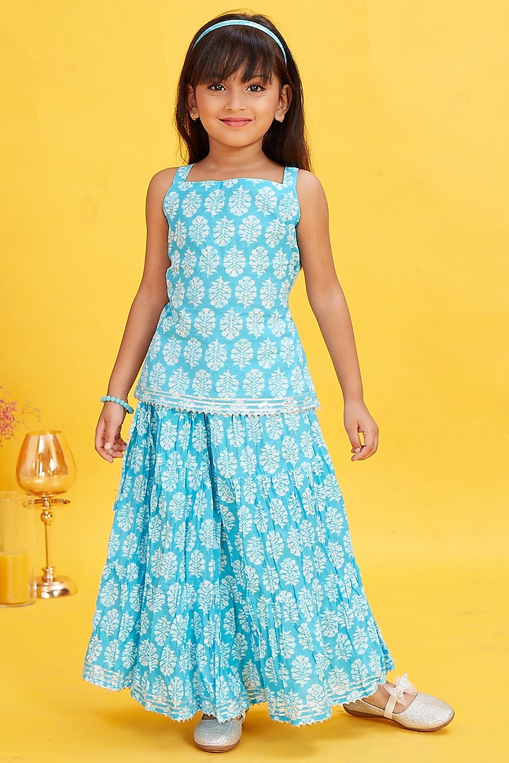 Turquoise Blue Cotton Floral Printed Skirt Set For Girls by Maaikid