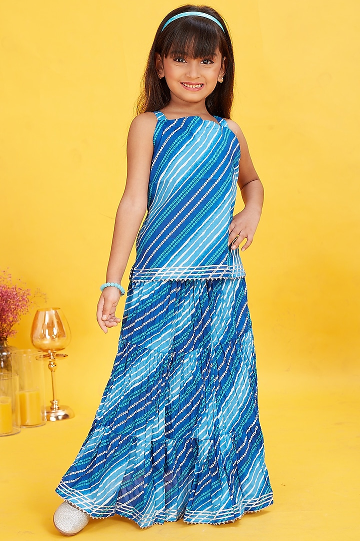 Blue Cotton Leheriya Printed Skirt Set For Girls by Maaikid