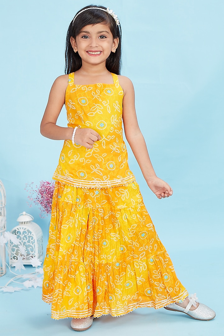 Mustard Cotton Leheriya Printed Skirt Set For Girls by Maaikid