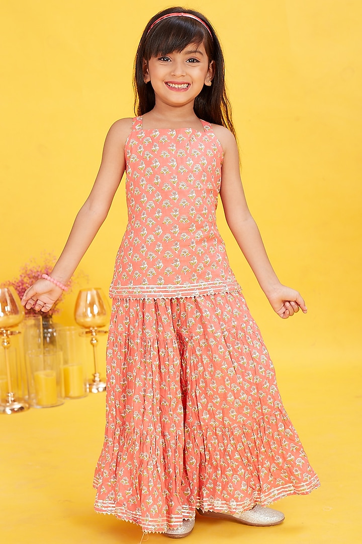Peach Cotton Skirt Set For Girls by Maaikid