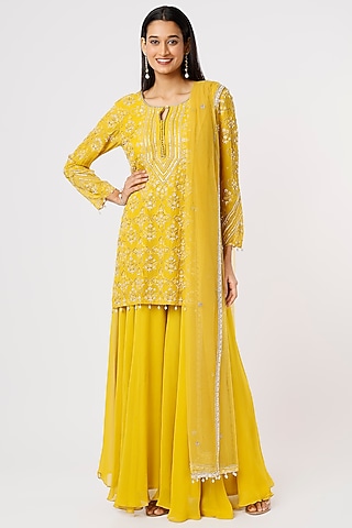 Mustard Georgette Sharara Set by Mahima Batra