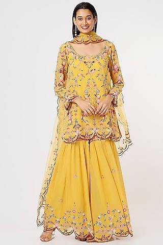 Mustard Georgette Gharara Set by Mahima Batra