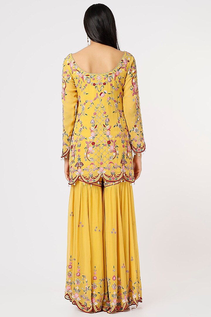 Mustard Georgette Gharara Set by Mahima Batra at Pernia's Pop Up Shop