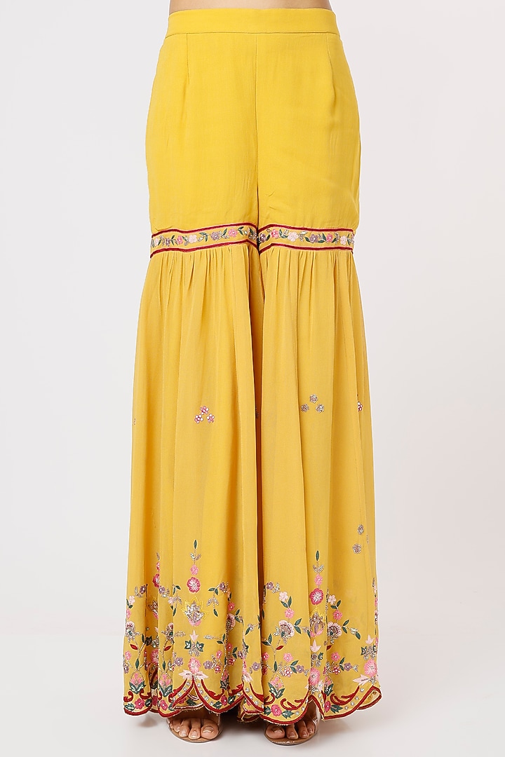 Mustard Georgette Gharara Set by Mahima Batra at Pernia's Pop Up Shop