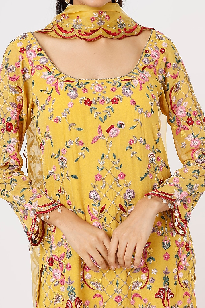 Mustard Georgette Gharara Set by Mahima Batra at Pernia's Pop Up Shop
