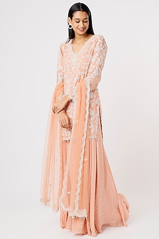 Peach Georgette Sharara Set by Mahima Batra