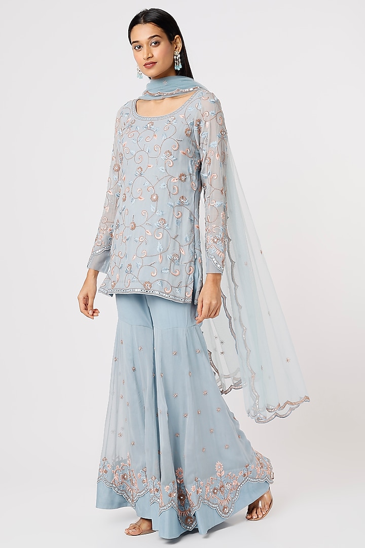 Blue Georgette Gharara Set by Mahima Batra at Pernia's Pop Up Shop